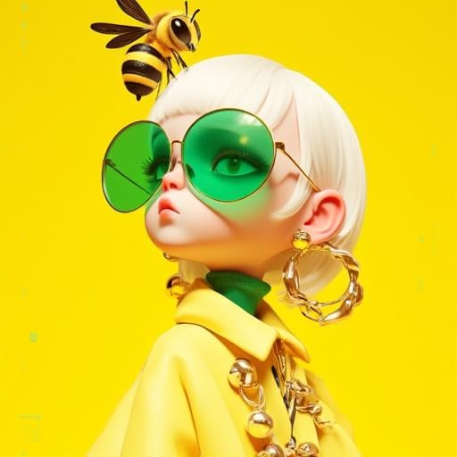 A full, eye-level, high-angle shot of a 3D rendering of a doll with white hair and bright green-green-green sunglasses on a yellow background. The doll appears to be wearing a bright yellow coat with a collar and a green turtle neck. The coat has a large, shiny, gold-colored button on the left side of the coat. There are several shiny, round, silver balls hanging from the coat over the collar. The earrings are large, circular, gold earrings with a circular, shiny gold ball in the center. On the left ear of the doll's head, there is a pair of pink earrings that are attached to the doll’s left ear. The left ear is pink and the right ear is also pink. There is a gold-and-black bee on the coat's left ear, with a black and yellow body, and a yellow and black striped body and legs. The right ear has large, green, shiny green tinted sunglasses on the top of it. The eyes of the dolls face are a bright green, and they are reflected in the bright green of the sunglasses. The lips of the right face are pink, and the nose and upper right of the face are red, and their lips are pink. Above the doll is a head of a honey bee with a striped body, legs, and wings that are black, yellow, and white. The background is a solid, bright yellow that contrasts with the doll and the bright yellow of the background.