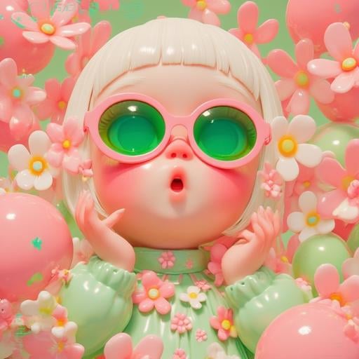 A close-up, eye-level, 3D rendering of a doll with large, round, pink, oversized, green-hued glasses that reflect the greenish-blue eyes of the doll. The doll's face is centered in the center of the image and is surrounded by a background of pink, green, white, and light green flowers. The pink flowers have a yellow center and a pinkish-orange ring around the middle of each flower, while the larger pink flowers on the left and right are more pink, light green, and white with a light blue center. Her dress is a mint green with a floral pattern on the neckline and shoulders. Her hair is light brown and short, and she has bangs on her head. Her lips are a deep pink and her nose is a light brown color. Her eyes are large, wide-brimmed, and the glasses are tinted green. Her mouth is open and she appears to be surprised or surprised. Her right hand is raised in the air, with a large pink hand extending out to the left, as if to gesture at the camera. The background behind the doll is filled with more pink and green flowers that are floating around the doll and the balloons. The balloons in the background are in the shape of a circle with a red center and the words "Balloon" and "Garden" in green text overlaid on top. The sky behind the balloons is a pale blue with white clouds.