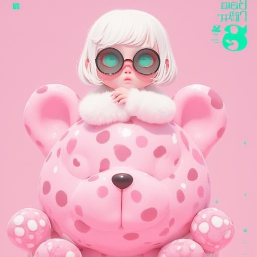 An eye-level, high-angle digital illustration of a doll with white hair and round black-rimmed glasses with turquoise-blue eyes sits on top of a pink toy bear. The doll has short, fluffy white hair that falls over the doll's right shoulder. Her lips are pink and her nose is pink, and she has a small puffy white pom-pom on her left arm. Her arms are crossed over her chest and she is wearing a fluffy white fur coat over her right arm. The toy bear's face is pink with black polka-dots all over it. The bear's eyes are black and have a heart-shaped black nose. The background is a soft pinkish-purple color, and there is text on the top left of the image that reads "Blac Pin 8" in a bold, green font. There are small white dots scattered throughout the image, along with tiny green symbols that appear to be tiny stars. The overall color scheme of the illustration is soft and muted, with shades of pink, white, and light pink.