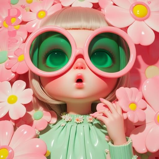 A close-up, eye-level, 3D rendering of a doll with large, round, pink, oversized, green-hued glasses that reflect the greenish-blue eyes of the doll. The doll's face is centered in the center of the image and is surrounded by a background of pink, green, white, and light green flowers. The pink flowers have a yellow center and a pinkish-orange ring around the middle of each flower, while the larger pink flowers on the left and right are more pink, light green, and white with a light blue center. Her dress is a mint green with a floral pattern on the neckline and shoulders. Her hair is light brown and short, and she has bangs on her head. Her lips are a deep pink and her nose is a light brown color. Her eyes are large, wide-brimmed, and the glasses are tinted green. Her mouth is open and she appears to be surprised or surprised. Her right hand is raised in the air, with a large pink hand extending out to the left, as if to gesture at the camera. The background behind the doll is filled with more pink and green flowers that are floating around the doll and the balloons. The balloons in the background are in the shape of a circle with a red center and the words "Balloon" and "Garden" in green text overlaid on top. The sky behind the balloons is a pale blue with white clouds.