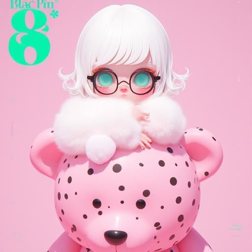 An eye-level, high-angle digital illustration of a doll with white hair and round black-rimmed glasses with turquoise-blue eyes sits on top of a pink toy bear. The doll has short, fluffy white hair that falls over the doll's right shoulder. Her lips are pink and her nose is pink, and she has a small puffy white pom-pom on her left arm. Her arms are crossed over her chest and she is wearing a fluffy white fur coat over her right arm. The toy bear's face is pink with black polka-dots all over it. The bear's eyes are black and have a heart-shaped black nose. The background is a soft pinkish-purple color, and there is text on the top left of the image that reads "Blac Pin 8" in a bold, green font. There are small white dots scattered throughout the image, along with tiny green symbols that appear to be tiny stars. The overall color scheme of the illustration is soft and muted, with shades of pink, white, and light pink.