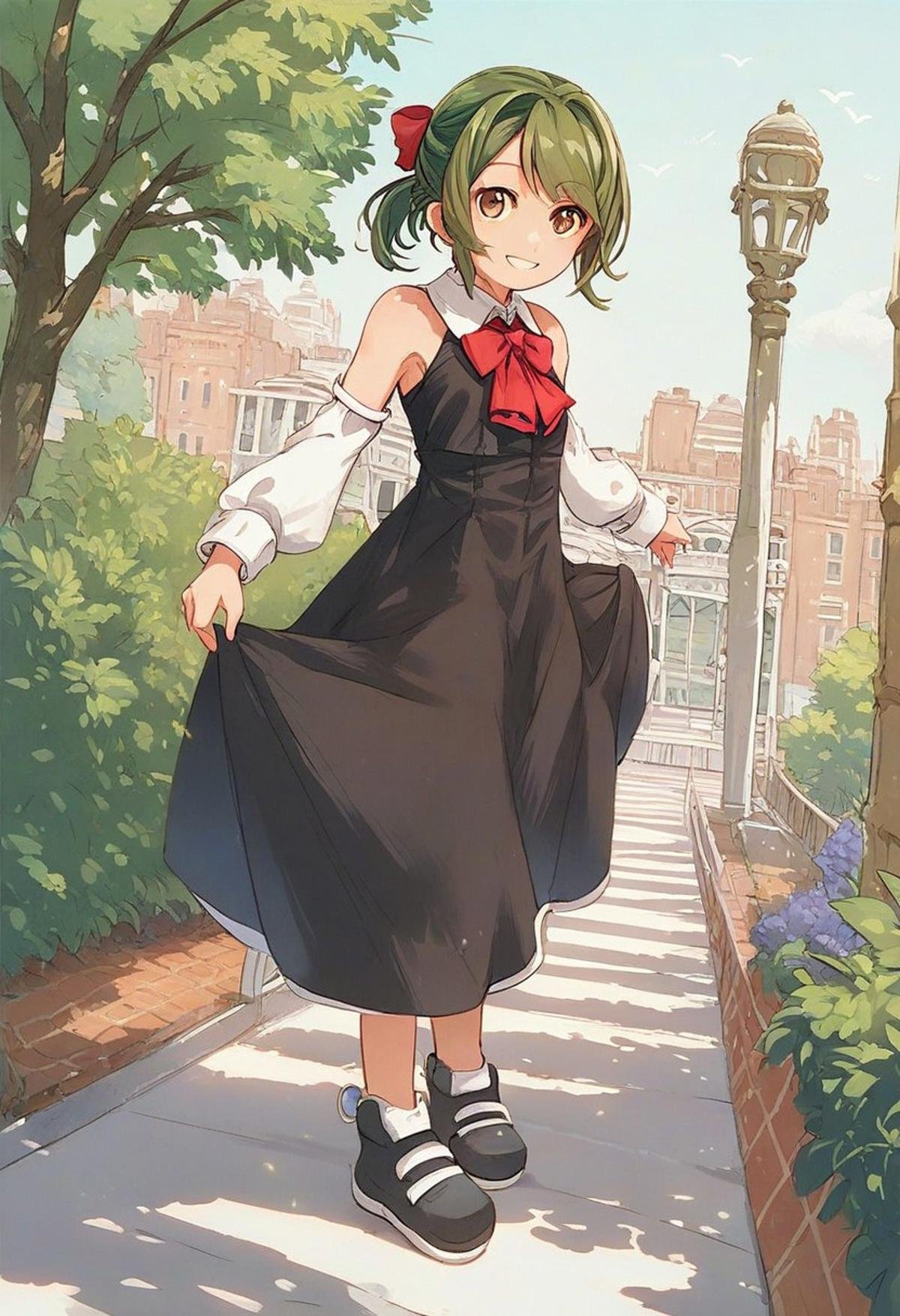 score_7_up, score_8_up, score_9, source_anime, 1 girl, aino_ai, green hair, red bow, park, black dress, red tie, white collar, bare shoulders, detached sleeves, smile, complex background, full body shot, short ponytail, bangs, brown eyes,