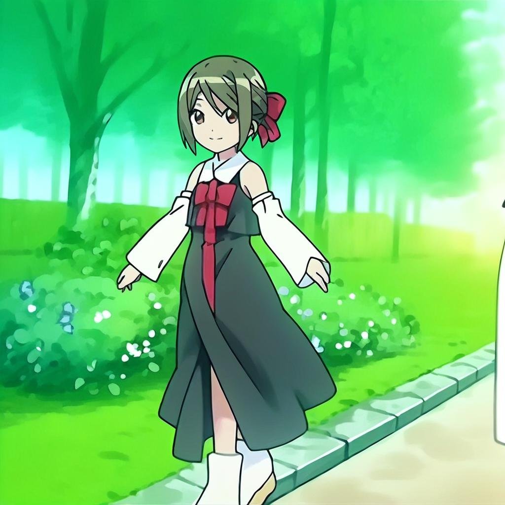 score_7_up, score_8_up, score_9, source_anime, masterpiece, absurdres, hd ultra detailed, anime screenshot, 1 girl, aino_ai, green hair, red bow, park, black dress, red tie, white collar, bare shoulders, detached sleeves, smile, complex background, outside, park, trees, flowers, full body shot, short ponytail, bangs, brown eyes,