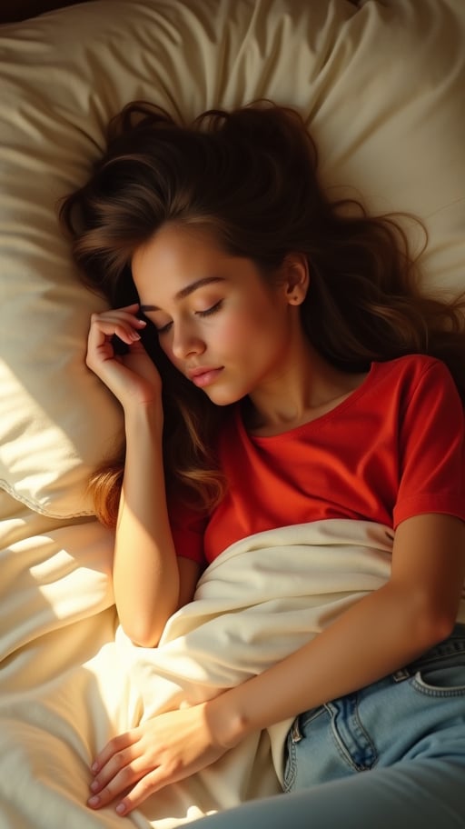 A serene sleeping beauty, 22 years ago, lies peacefully on a soft, cream-colored bed with a subtle sheen, surrounded by a warm, golden glow. Her brown hair cascades across the pillow, framing her angelic face. A red shirt and denim pants create a striking contrast against the crisp white sheets. The gentle rise and fall of her chest is subtly illuminated, highlighting her delicate facial features: high cheekbones, defined eyebrows, and plump lips slightly parted in a peaceful slumber.