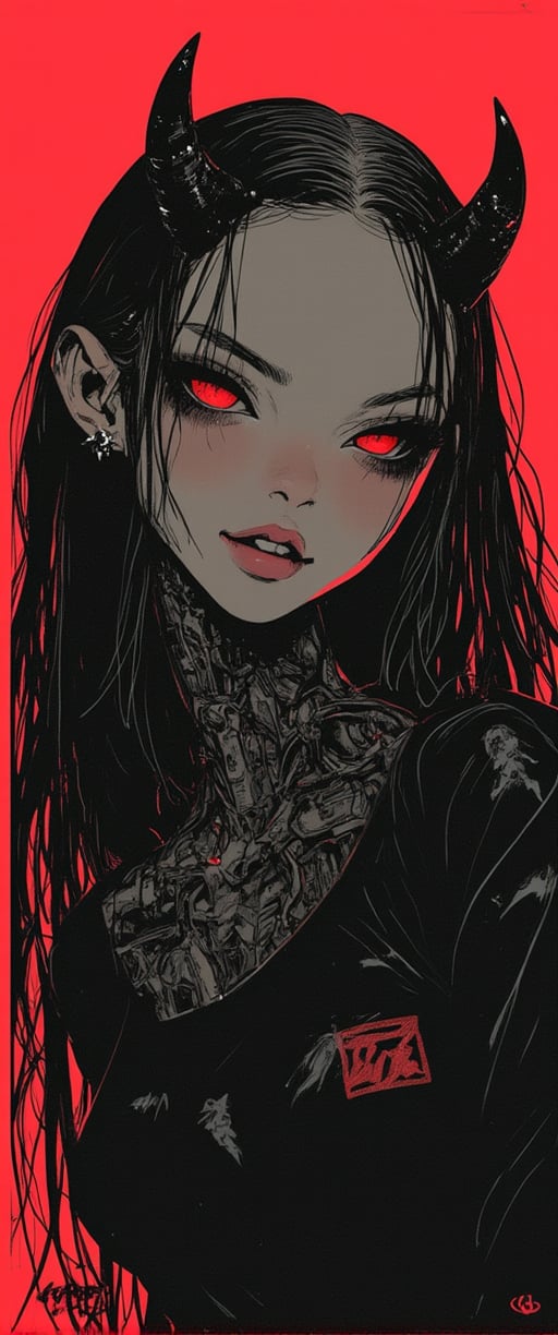 A young woman with long, black hair cascading down her back, striking a pose as she gazes directly at the viewer. Her bright red eyes sparkle with a mischievous glint, and a subtle smile plays on her lips. She wears a horns protruding from her forehead, adorned with earrings that shine like tiny stars. A cyborg design adorns her neck, with metal plating and wires visible beneath her skin. Her full body is framed against a simple, yet striking background, with bold colors and sharp lines evoking a sense of futuristic intensity.,ct-visual