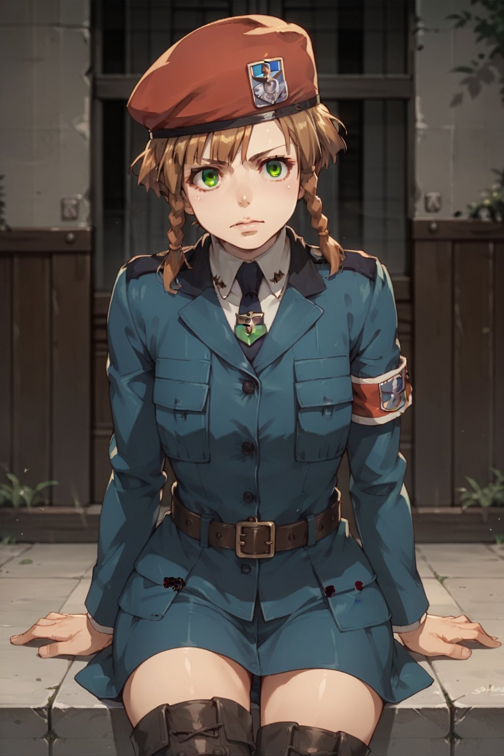 Score_9, score_8_up, score_7_up, score_6_up, source_anime, solo , MarySioux, short hair, brown hair, hat, brown eyes, braid, boots, necktie, belt, uniform, twin braids, military, military uniform, beret, knee boots, armband