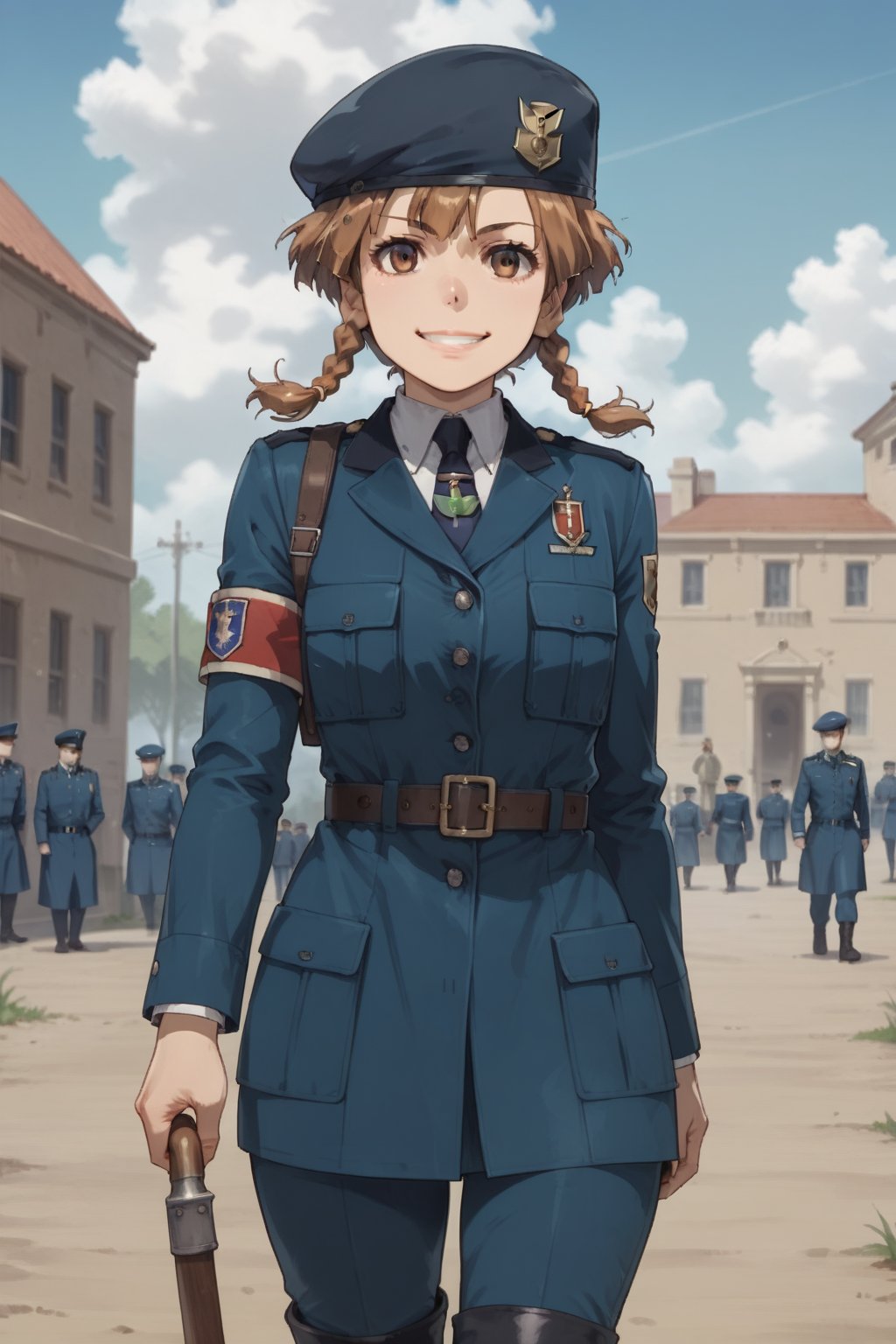 Score_9, score_8_up, score_7_up, score_6_up, source_anime, solo , MarySioux, short hair, brown hair, hat, brown eyes, braid, boots, necktie, belt, uniform, twin braids, military, military uniform, beret, knee boots, armband, smile 