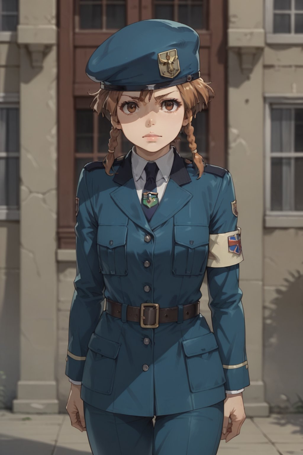 Score_9, score_8_up, score_7_up, score_6_up, source_anime, solo , MarySioux, short hair, brown hair, hat, brown eyes, braid, boots, necktie, belt, uniform, twin braids, military, military uniform, beret, knee boots, armband