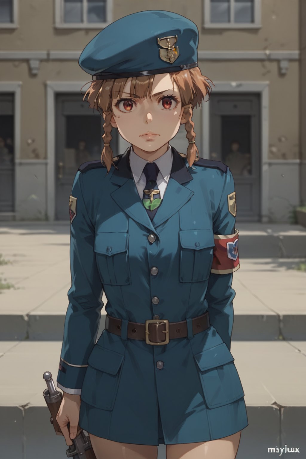 Score_9, score_8_up, score_7_up, score_6_up, source_anime, solo , MarySioux, short hair, brown hair, hat, brown eyes, braid, boots, necktie, belt, uniform, twin braids, military, military uniform, beret, knee boots, armband