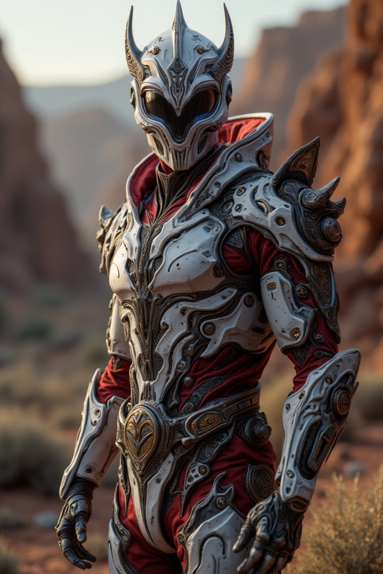 ((full body)) image of a man character protagonist, wearing a detailed, apex techwear futuristic half white and red armour, semi-armored suit, apex high-tech mask helmet, and a sleek belt with a black and gold pegasus emblem, metallic textures, glowing blue highlights, standing heroic against a desert canyon background. intricate details, ultra-realism details, 32k, Super High definition, Vibrant Colors, Ultra Smooth, ultra-realism, cinematic shot, dreamwave, aesthetic,