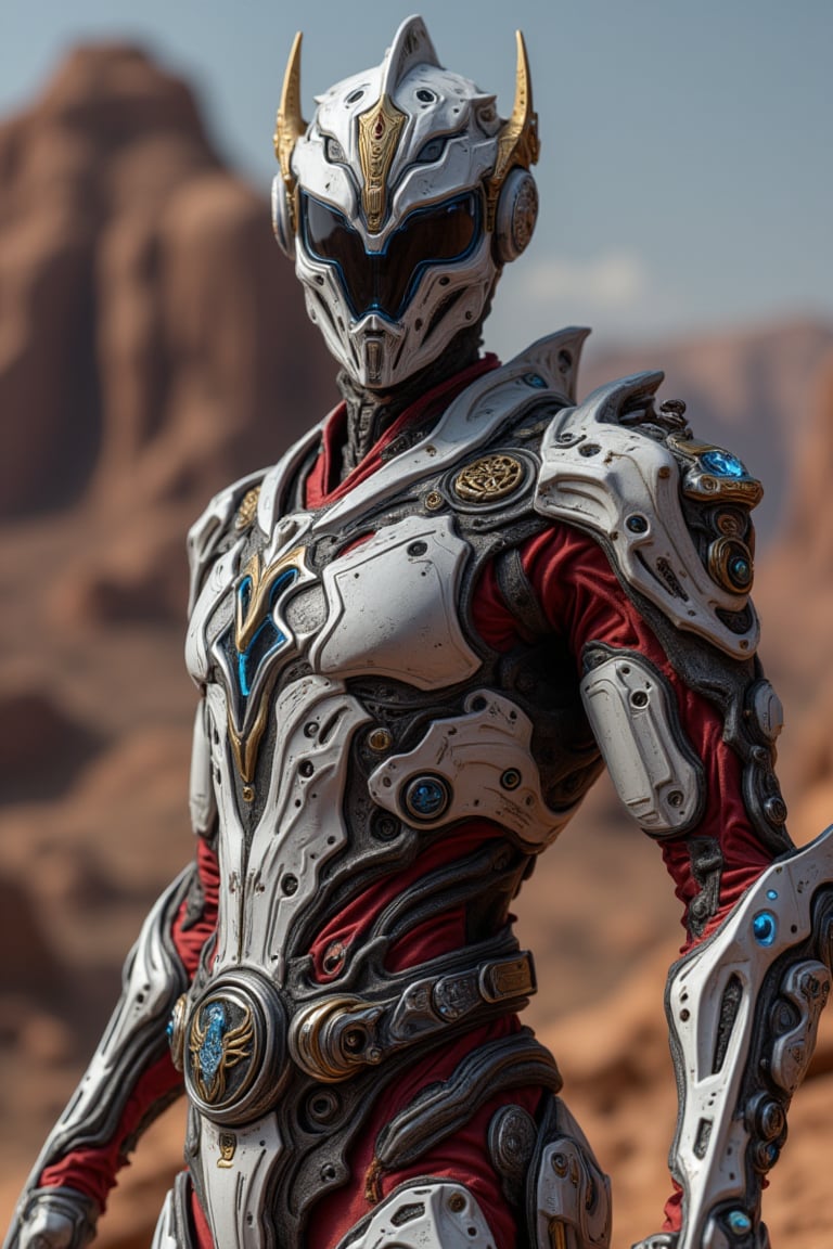 ((full body)) image of a man character protagonist, wearing a detailed, apex techwear futuristic half white and red armour, semi-armored suit, apex high-tech mask helmet, and a sleek belt with a black and gold pegasus emblem, metallic textures, glowing blue highlights, standing heroic against a desert canyon background. intricate details, ultra-realism details, 32k, Super High definition, Vibrant Colors, Ultra Smooth, ultra-realism, cinematic shot, dreamwave, aesthetic,