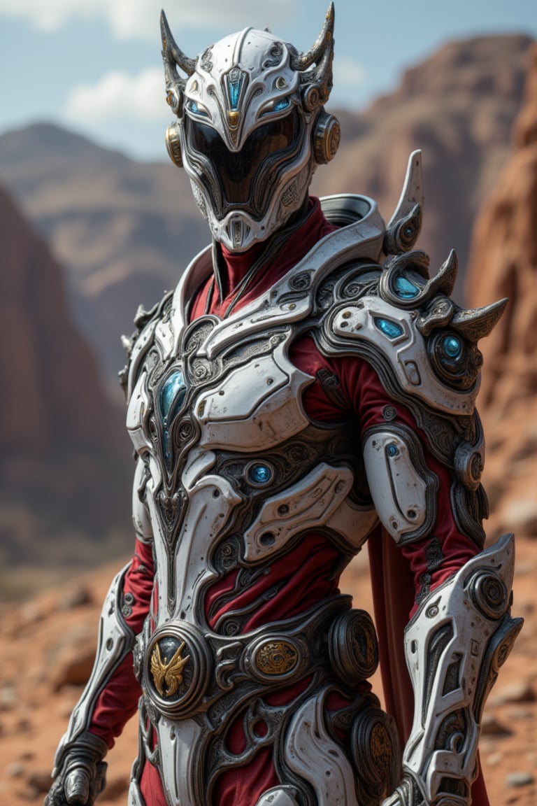 ((wide full body)) image of a muscular man character protagonist, wearing a detailed, apex techwear futuristic half white and red armour, semi-armored suit, apex high-tech mask helmet, and a sleek belt with a black and gold pegasus emblem, metallic textures, glowing blue highlights, standing heroic against a desert canyon background. intricate details, ultra-realism details, 32k, Super High definition, Vibrant Colors, Ultra Smooth, ultra-realism, cinematic shot, dreamwave, aesthetic,