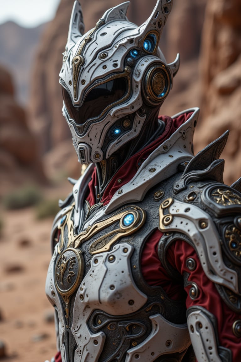 ((full body)) image of a man character protagonist, wearing a detailed, apex techwear futuristic half white and red armour, semi-armored suit, apex high-tech mask helmet, and a sleek belt with a black and gold pegasus emblem, metallic textures, glowing blue highlights, standing heroic against a desert canyon background. intricate details, ultra-realism details, 32k, Super High definition, Vibrant Colors, Ultra Smooth, ultra-realism, cinematic shot, dreamwave, aesthetic,