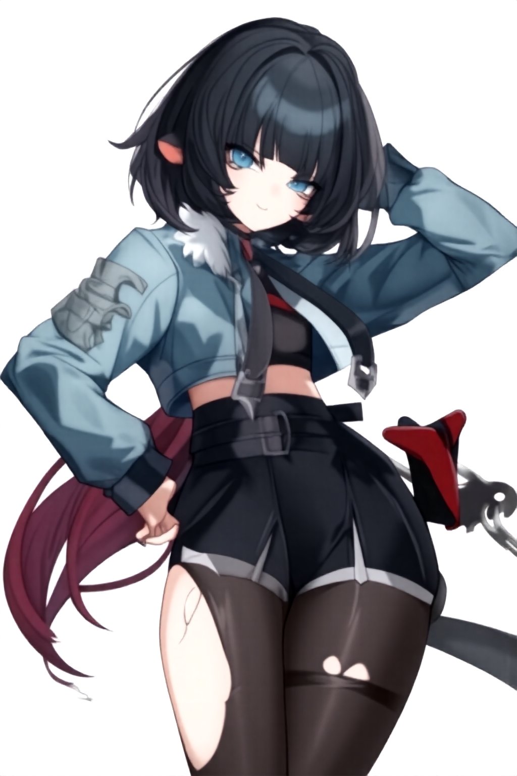 1girl, solo,simple background, white background, 

short hair, bangs, blue eyes, black hair, animal ears, jacket, pantyhose, multicolored hair, shorts, black gloves, belt, crop top, torn clothes, black pantyhose, torn pantyhose,
