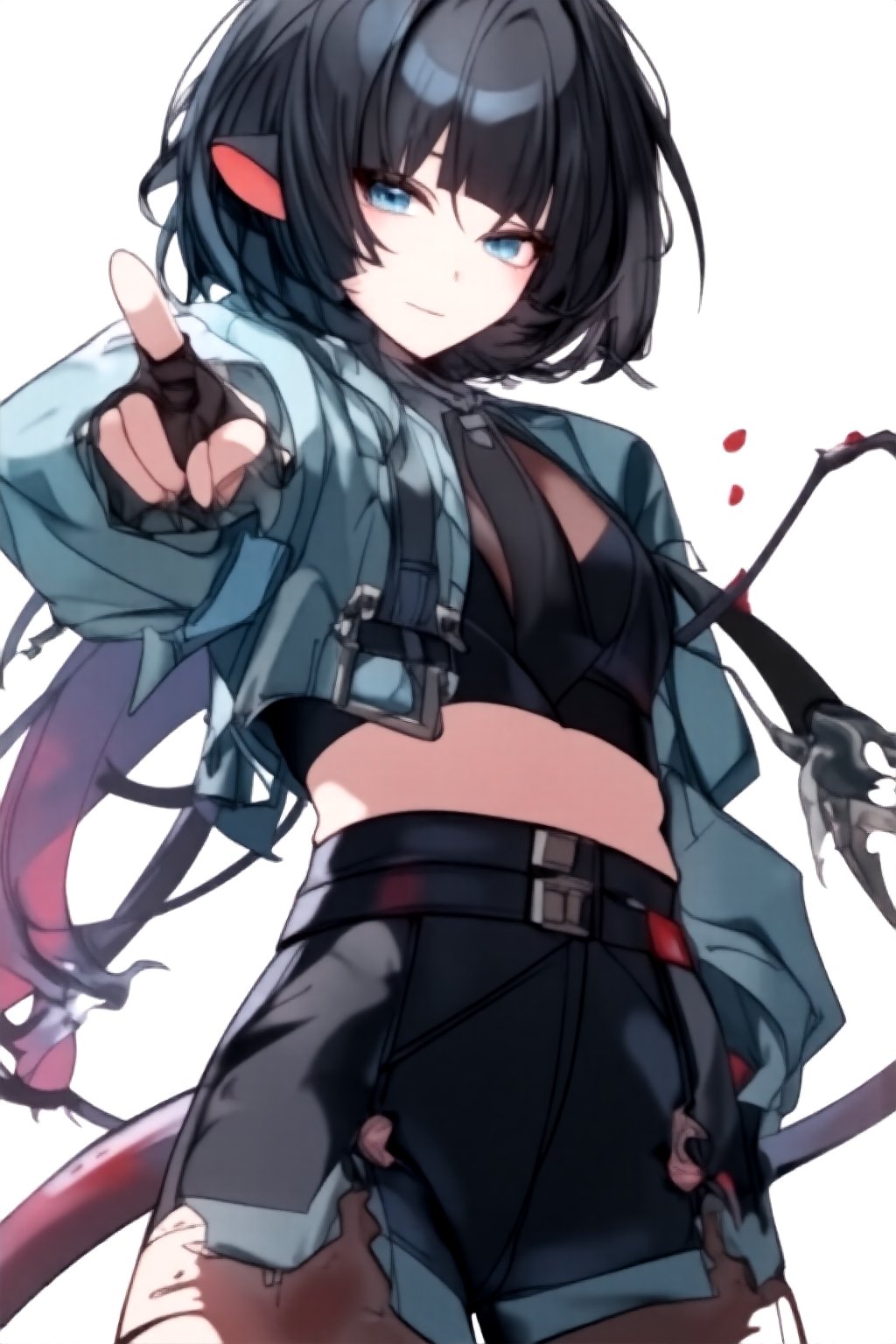 JaneDoe-R,

masterpiece, ultra detailed, digitalart, HD, 
1girl, solo,simple background, white background, 

short hair, bangs, blue eyes, black hair, animal ears, jacket, pantyhose, multicolored hair, shorts, black gloves, belt, crop top, torn clothes, black pantyhose, torn pantyhose,

pointing at viewer