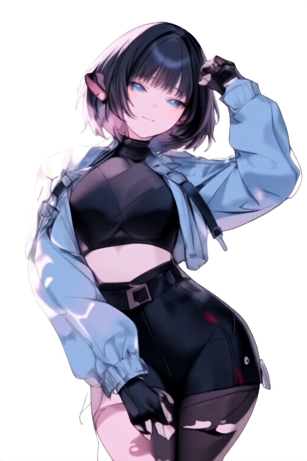 1girl, solo,simple background, white background, 

short hair, bangs, blue eyes, black hair, animal ears, jacket, pantyhose, multicolored hair, shorts, black gloves, belt, crop top, torn clothes, black pantyhose, torn pantyhose,
