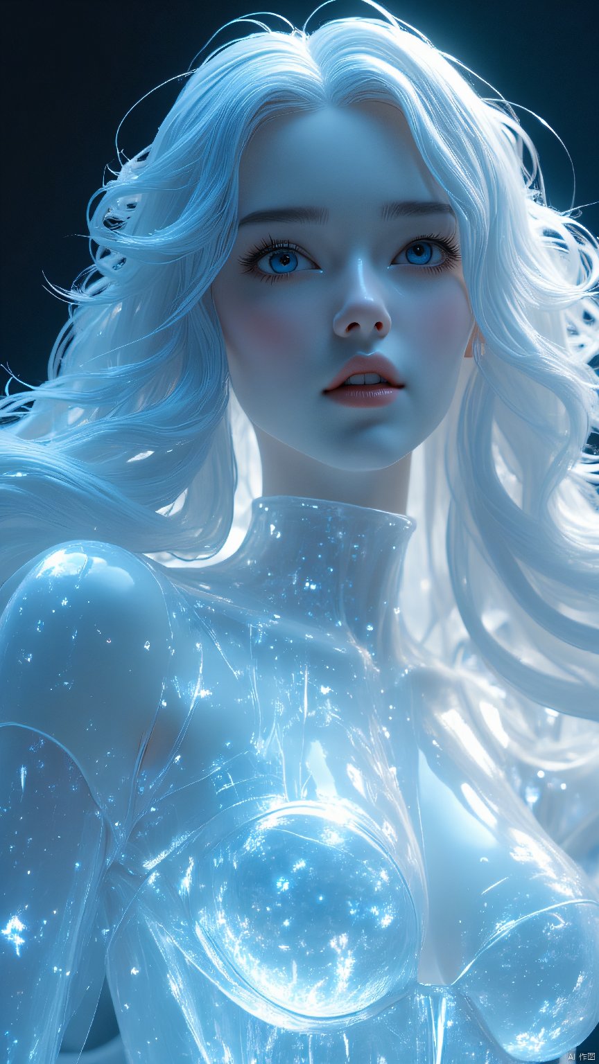 HD, CG, extreme details, fairy style, fisheye lens, exquisite facial features, clear pupils, moist lips, ((4k,masterpiece,best quality)), professional camera, 8k photos, wallpaper, (a statue of a girl carved from ice, the body is completely transparent:1.2), (glowing fluorescent effect), sexy idol face, wavy hair, from below, (upper thighs shot),xihua