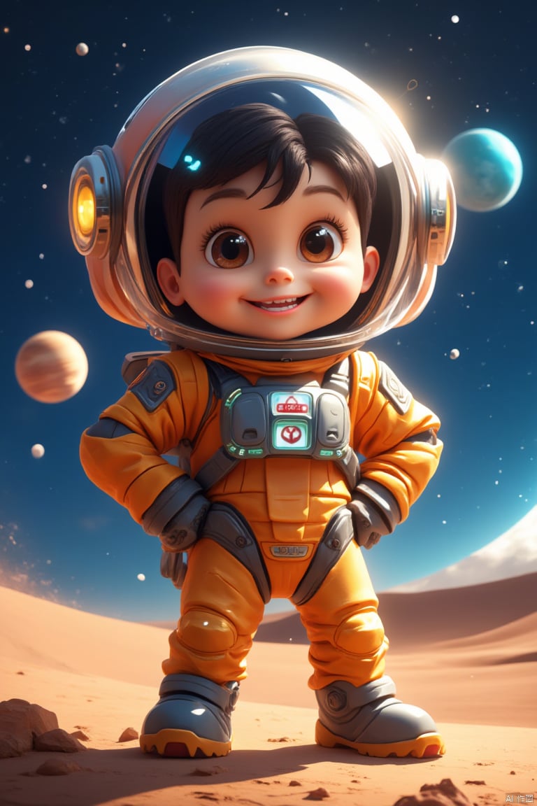 A cute cartoon astronaut character, standing in a playful pose with hands on hips, wearing a colorful space suit with a big round helmet, expressive big eyes, and a friendly smile. The background features a starry night sky with planets and a crescent moon. The lighting is soft and warm, highlighting the character's cheerful expression and vibrant outfit. The composition is centered, with the astronaut slightly larger than the background elements for emphasis.