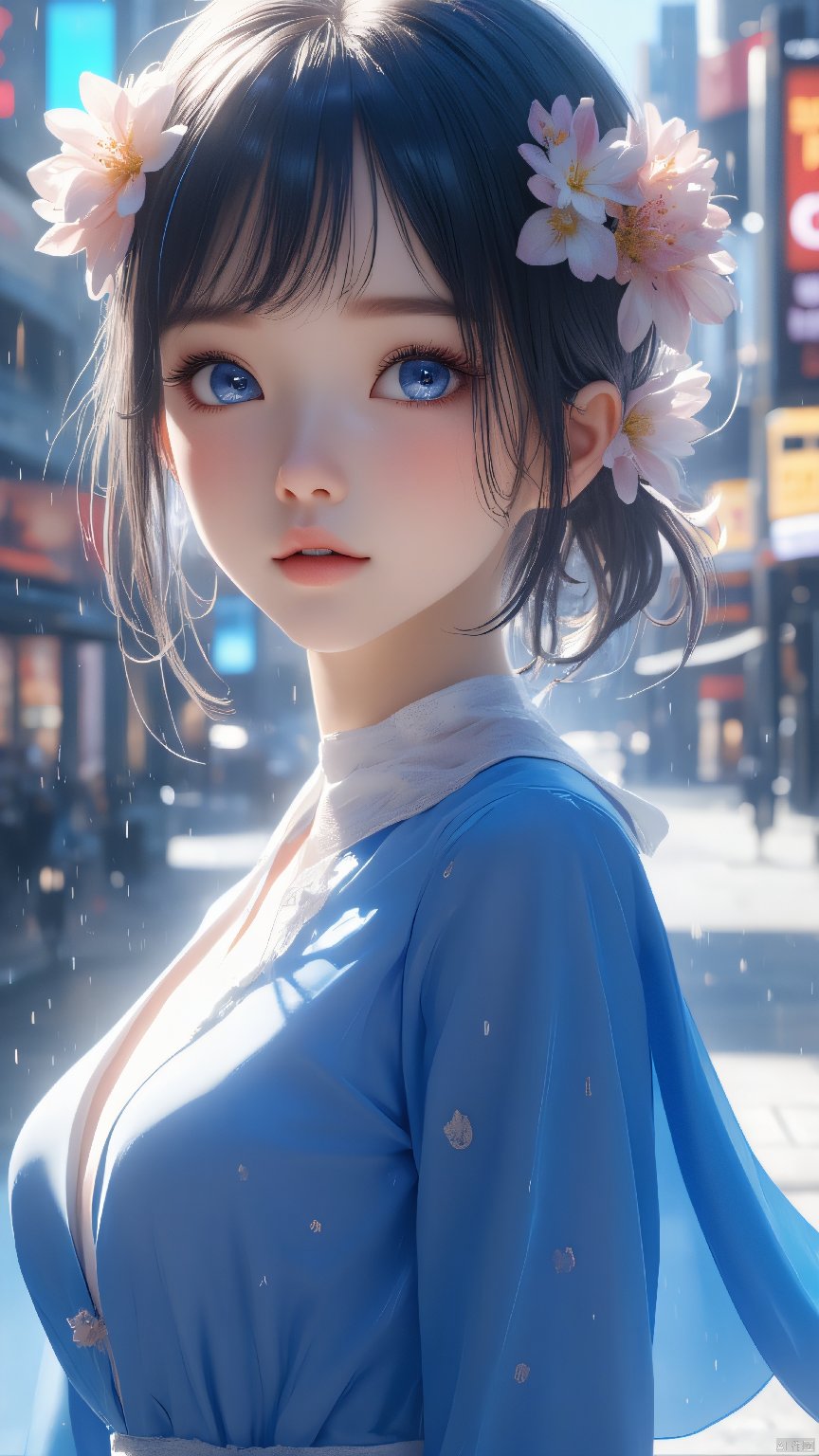 Color difference, soft light, (masterpiece), (best quality), (detail), (masterpiece), (high resolution), (perfect face), glowing eyes, ((Flower city)), (street), daytime, natural light, rain, reflection, blue eyes, Rococo, perspective, city street, ((1 girl)), blush, delicate facial portrayal, solo, 1 girl, 1/3 suit, cute, ultra high resolution, woman, (blue clothes), (collar), (Bright skin :1), (Bright skin :1.1), (Delicate beautiful eyes :1.2)8K分辨率,最佳画质（杰作）,最好的质量,可爱的女孩,（bishoujo）,（杰作,最好的品质,官方艺术,极其详细的CG8k壁纸）,game_CG,白发,飘逸汉服,修身皮衣,（（（绣花皮质裤袜）））,（（（机甲少女）））,机械高跟鞋,机械外骨骼装甲,银色机身,蓝色眼睛,颈部护具,战术腿部护膝,单体外骨骼装甲,机械头饰,白色机械衣服,胸部机械装甲8K分辨率,最佳画质（杰作）,最好的质量,可爱的女孩,（bishoujo）,（杰作,最好的品质,官方艺术,极其详细的CG8k壁纸）,xihua