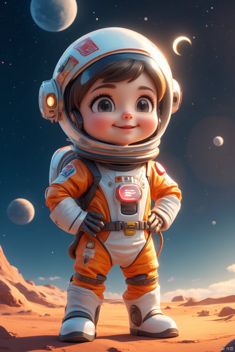 A cute cartoon astronaut character, standing in a playful pose with hands on hips, wearing a colorful space suit with a big round helmet, expressive big eyes, and a friendly smile. The background features a starry night sky with planets and a crescent moon. The lighting is soft and warm, highlighting the character's cheerful expression and vibrant outfit. The composition is centered, with the astronaut slightly larger than the background elements for emphasis.