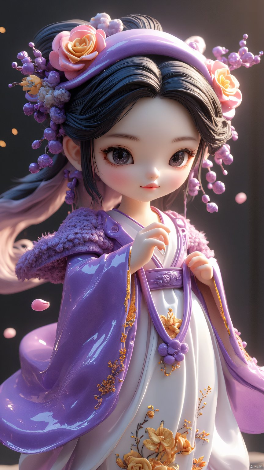 An ancient Chinese girl, black hair, Hanfu, is embroidering sachet, full body image, purple coat, white skirt embroidered yellow flowers, rose purple fox hair shawl, with purple jade pearl hairpin,a girl formed of colored glaze,coloured glaze,jade,glass,translucent, coloured glaze,chibi,Ray Tracing, HDR, Illusory Rendering, Reasonable Design, High Detail, Masterpiece, Best Quality, Ultra high Definition