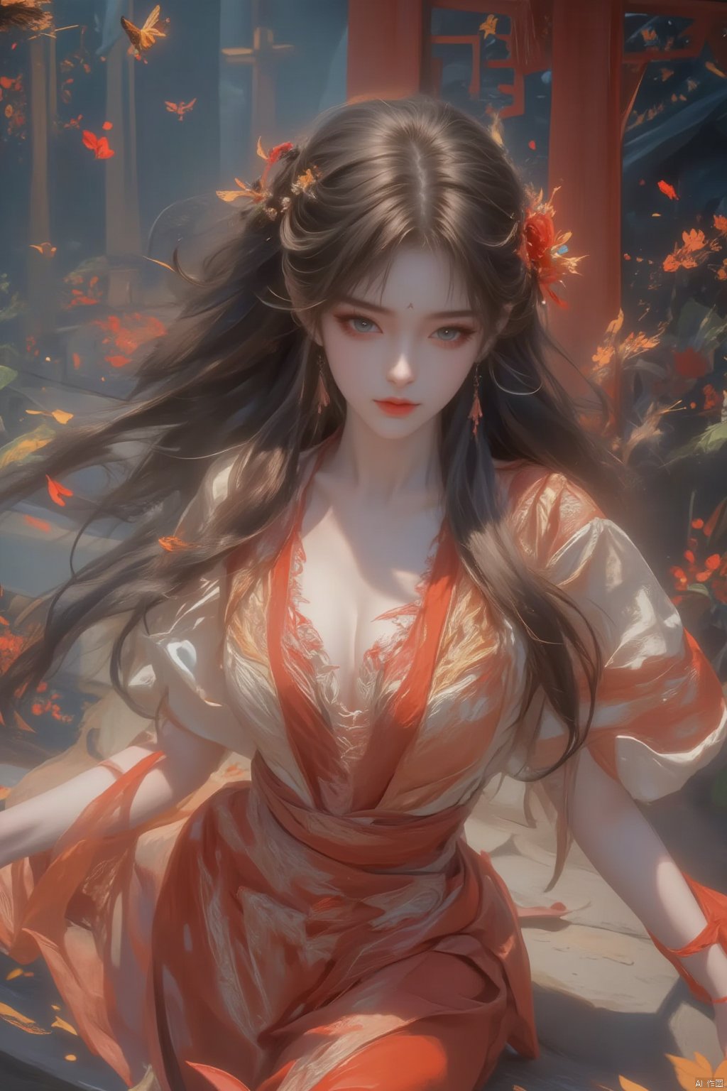  8K image.black hair,GG,1girl, solo, long hair, breasts, brown hair, black hair, hair ornament, long sleeves, dress, cleavage, jewelry, flower, earrings, wide sleeves, petals, chinese clothes, bug, butterfly, stairs, falling petals