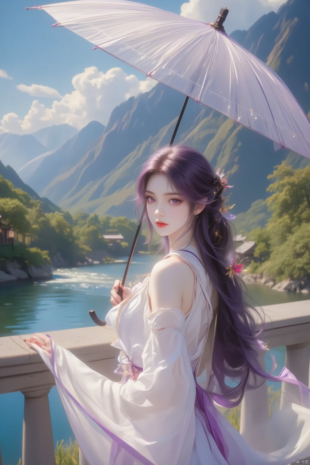 Capture a stunning 8K image of 火灵儿 (Huo Ling Er) Flux standing solo on a picturesque bridge overlooking serene waters and lush greenery. She sports vibrant purple hair adorned with sparkling ornaments, paired with a flowing white dress and holding an umbrella against the gentle breeze. Her mesmerizing purple eyes lock onto the viewer as she gazes into the distance, surrounded by long black locks that cascade down her back. A delicate flower rests in her hand, complemented by a matching necklace. The warm light of a sunny day casts a romantic glow on this idyllic scene.