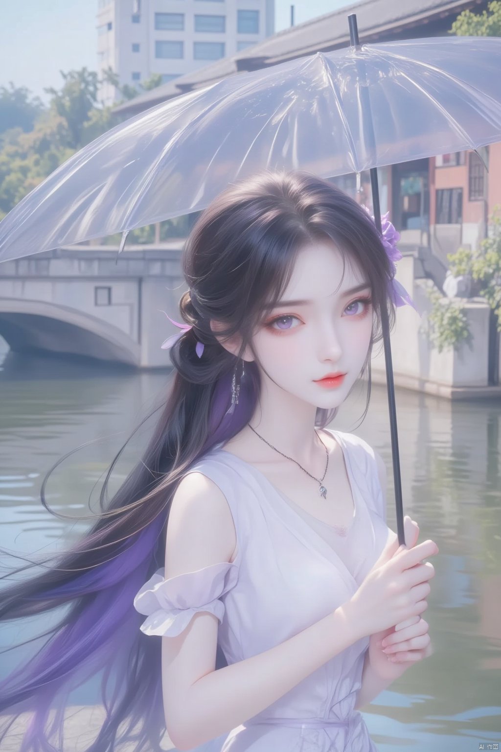  8K image.black hair,GG,1girl, solo, long hair, looking at viewer, hair ornament, dress, holding, purple eyes, purple hair, flower, outdoors, water, necklace, white dress, umbrella, building, holding umbrella, bridge,火灵儿Flux-起风了