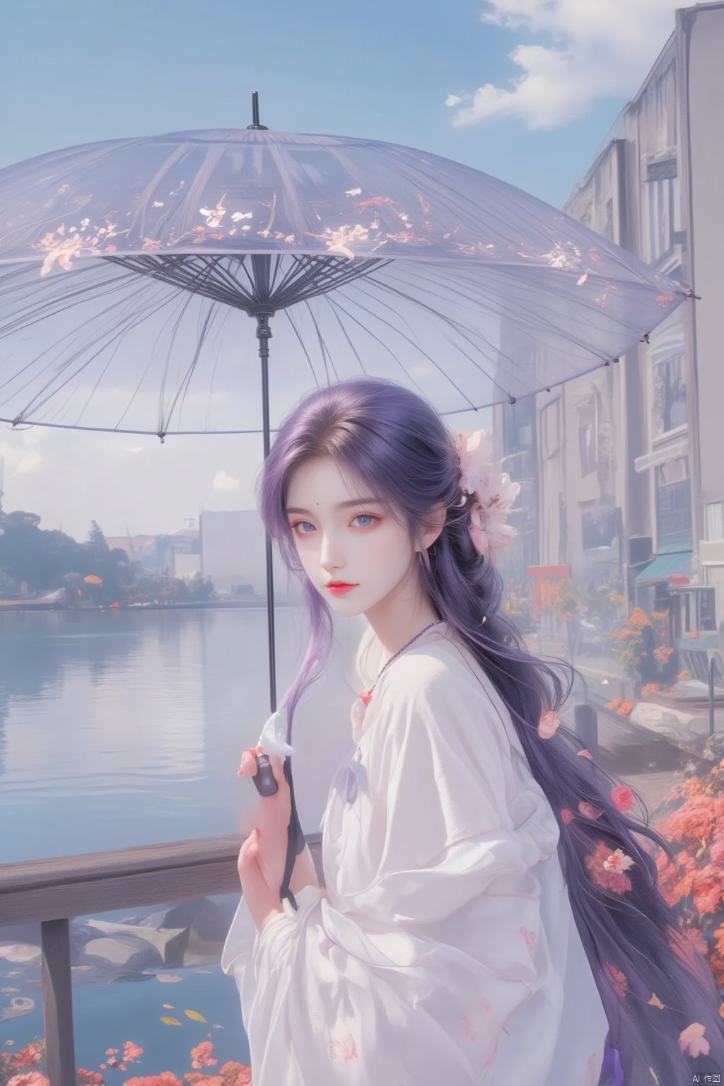  8K image.black hair,GG,1girl, solo, long hair, looking at viewer, hair ornament, dress, holding, purple eyes, purple hair, flower, outdoors, water, necklace, white dress, umbrella, building, holding umbrella, bridge,火灵儿Flux-起风了