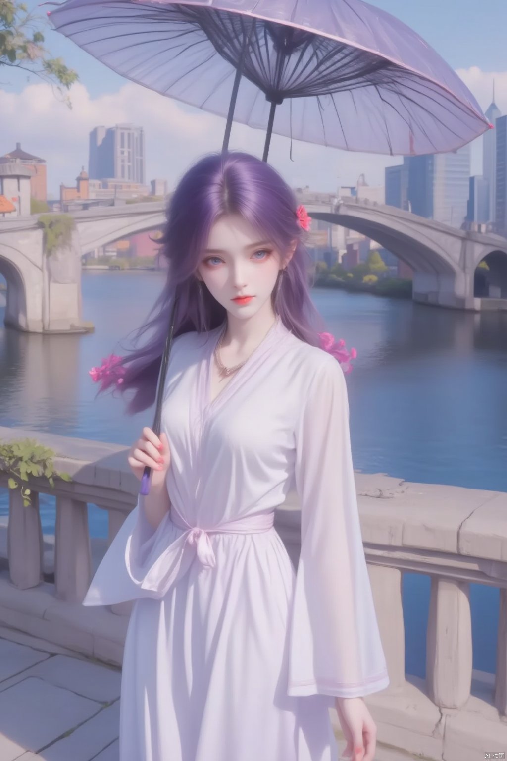  8K image.云曦Flux-起风了,purple hair,GG,1girl, solo, long hair, looking at viewer, hair ornament, dress, holding, purple eyes, purple hair, flower, outdoors, water, necklace, white dress, umbrella, building, holding umbrella, bridge,火灵儿Flux-起风了