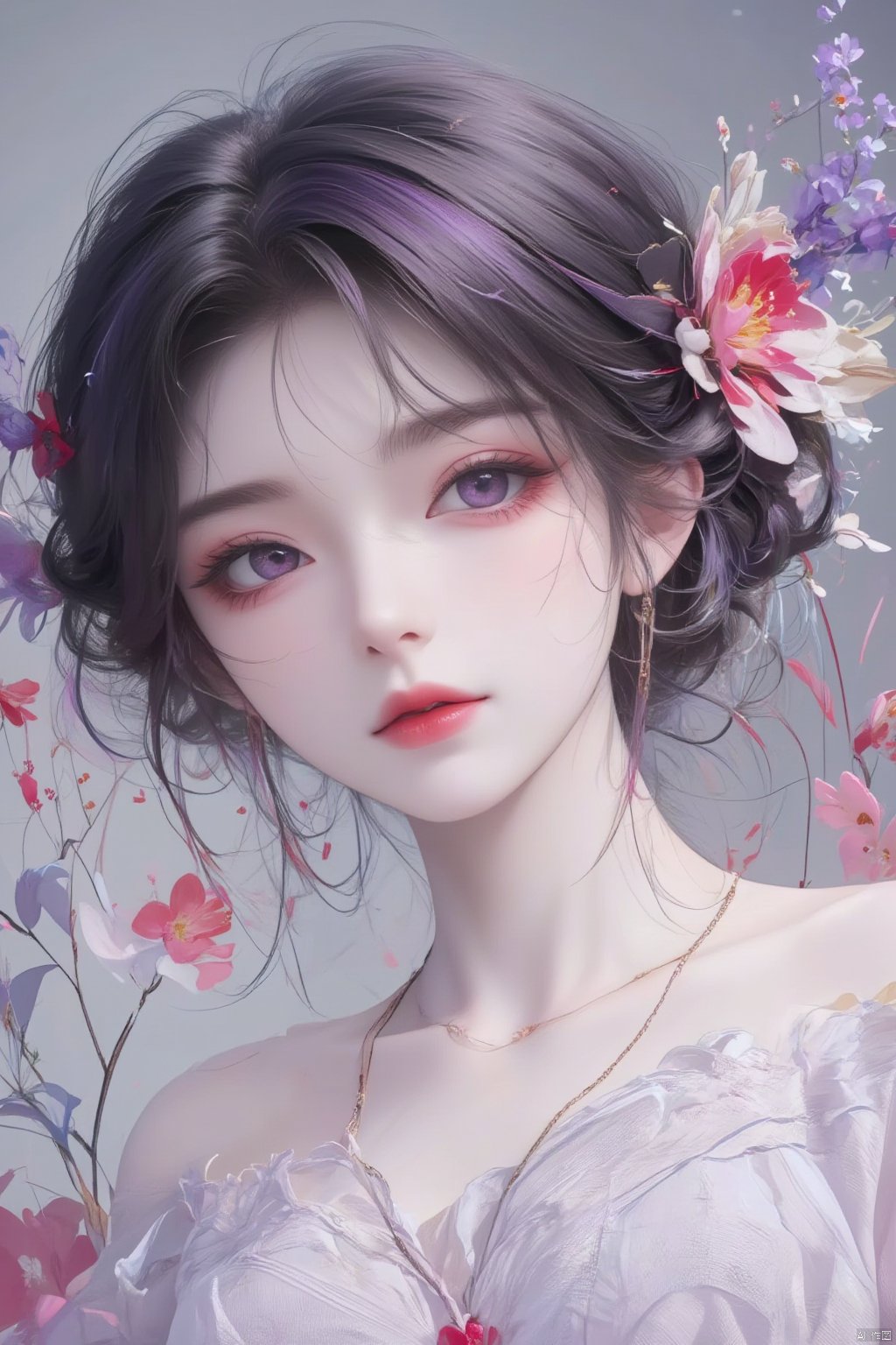  8K image.black hair,1girl, solo, long hair, looking at viewer, hair ornament, dress, holding, jewelry, purple eyes, upper body, purple hair, flower, hair flower, necklace, white dress, holding flower