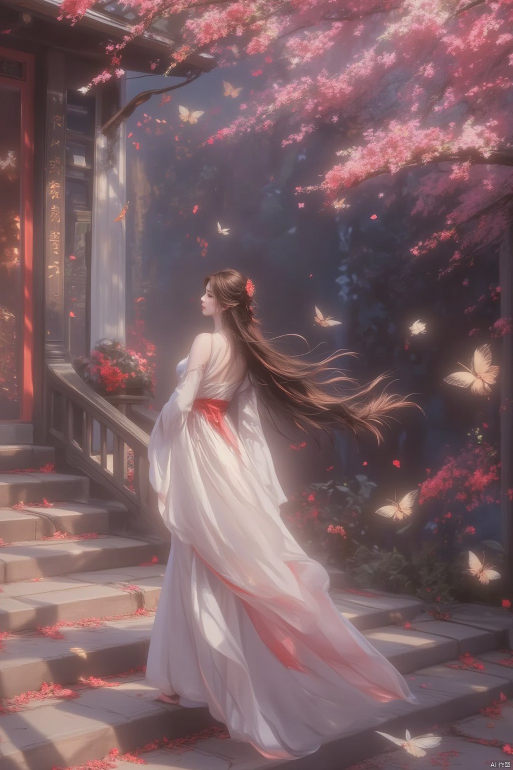  8K image.black hair,GG,1girl, solo, long hair, breasts, brown hair, black hair, hair ornament, long sleeves, dress, cleavage, jewelry, flower, earrings, wide sleeves, petals, chinese clothes, bug, butterfly, stairs, falling petals