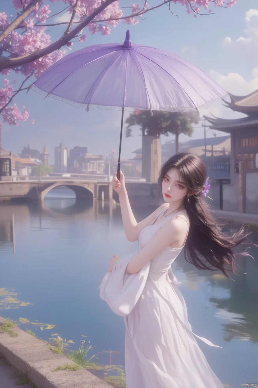  8K image.black hair,GG,1girl, solo, long hair, looking at viewer, hair ornament, dress, holding, purple eyes, purple hair, flower, outdoors, water, necklace, white dress, umbrella, building, holding umbrella, bridge,火灵儿Flux-起风了