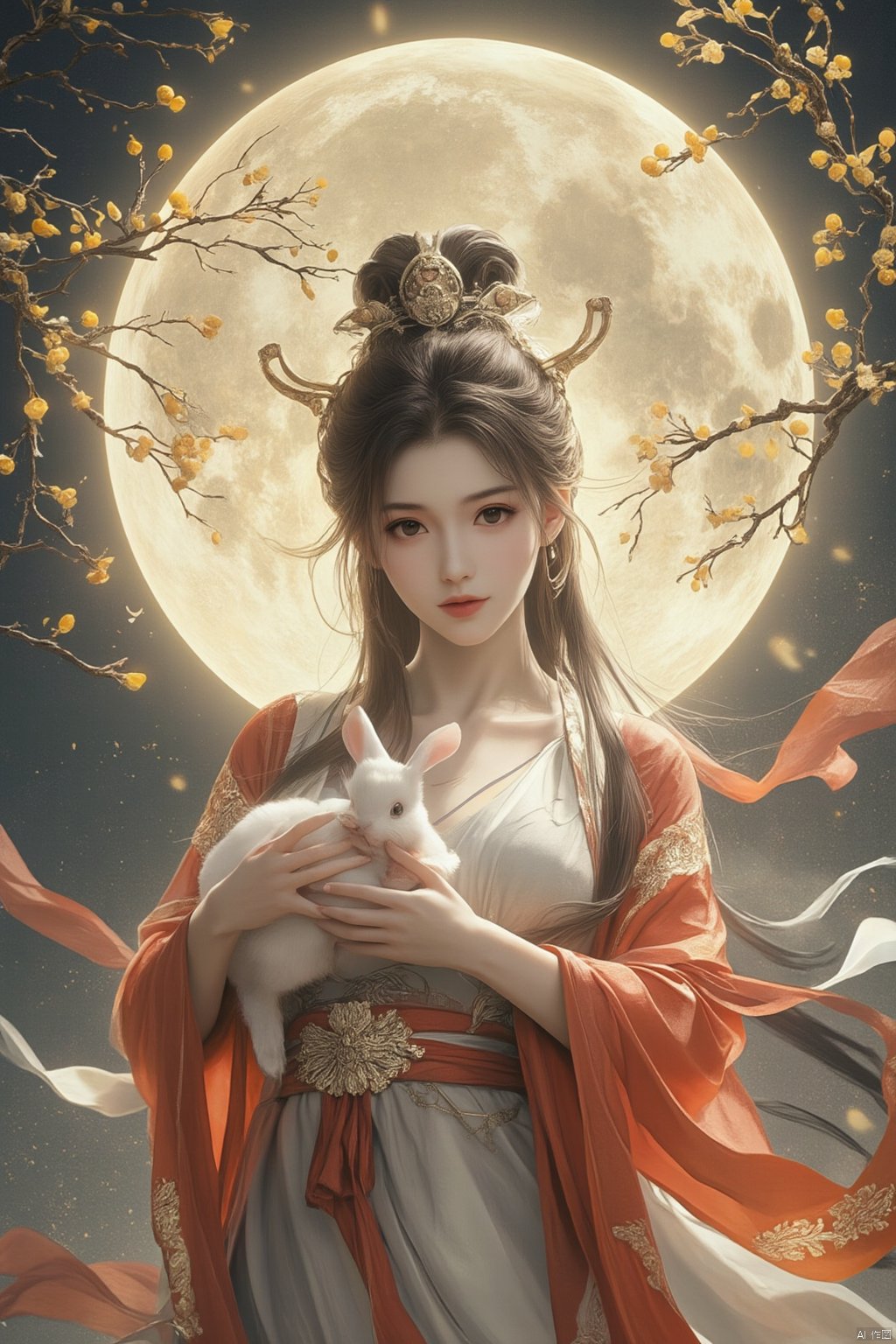 Best quality, Realistic, photorealistic, masterpiece,In the style of illustration, a mythical woman Chang 'e holds a white rabbit in her hands, with a full moon and an osmanthus tree behind her,Xyunxiao,(big breasts:1.99),Xxiaolongnv,Xyuanyao,Xtifa