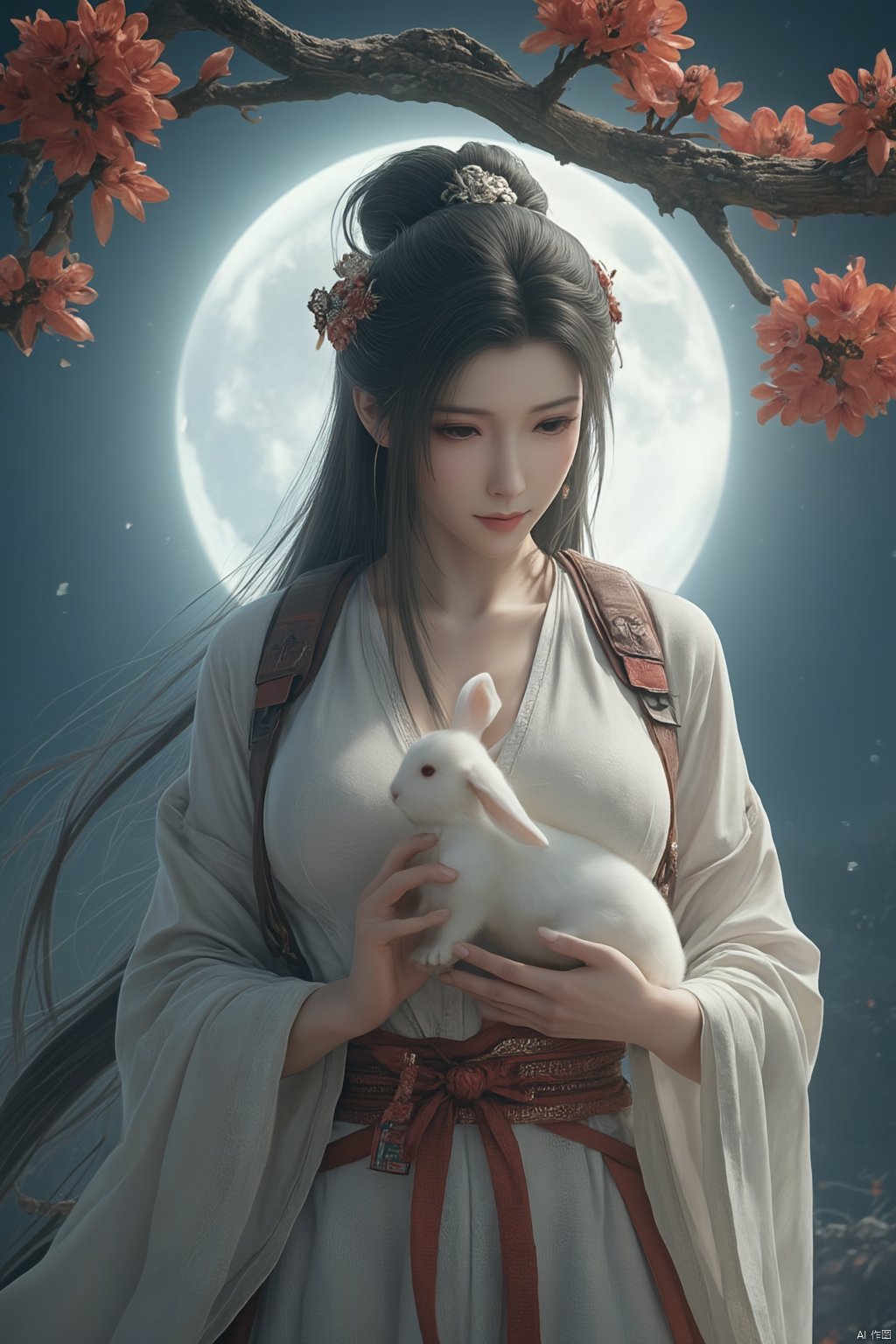 Best quality, Realistic, photorealistic, masterpiece,In the style of illustration, a mythical woman Chang 'e holds a white rabbit in her hands, with a full moon and an osmanthus tree behind her,Xyunxiao,(big breasts:1.99),Xxiaolongnv,Xyuanyao,Xtifa,XAerith