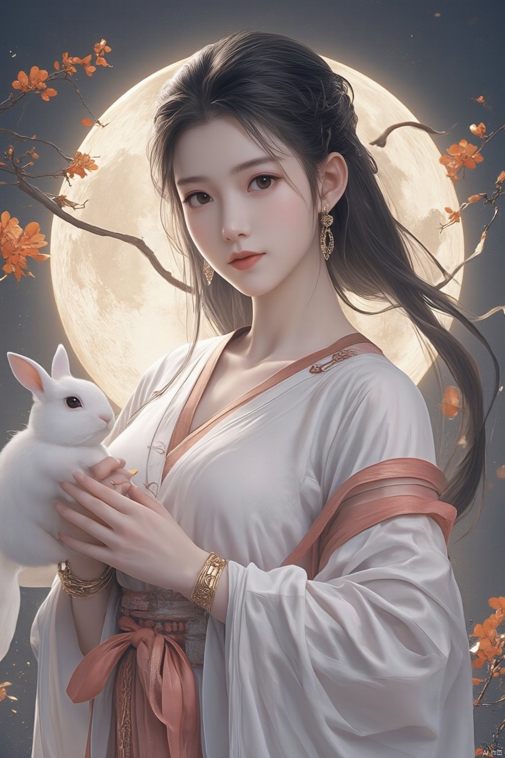 Best quality, Realistic, photorealistic, masterpiece,In the style of illustration, a mythical woman Chang 'e holds a white rabbit in her hands, with a full moon and an osmanthus tree behind her,Xyunxiao,(big breasts:1.99),Xxiaolongnv,Xyuanyao,Xtifa