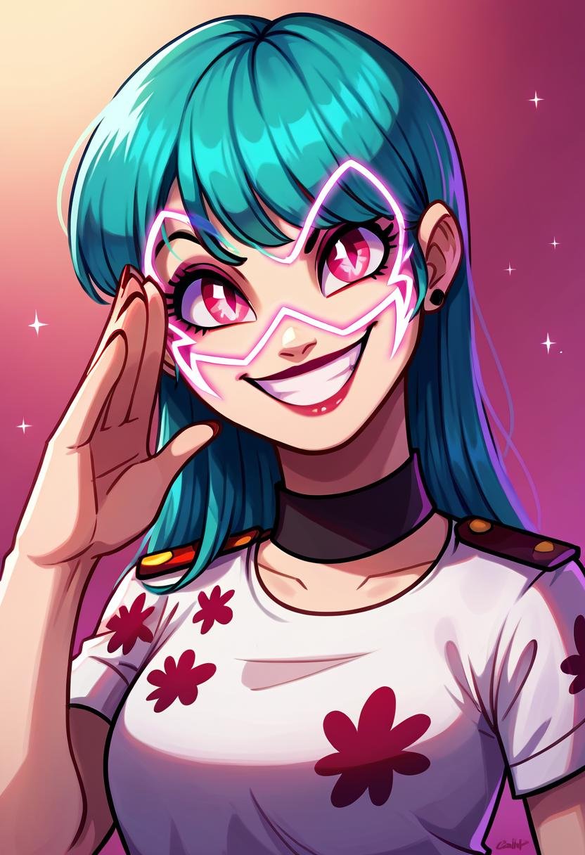 score_9,score_8_up, score_7_up, source_safe, rating_safe, 1girl, solo, bulma, akumatized, pink_eyes, shining_eyes, grin, evil_smile, salute <lora:Akumatized_-_Miraculous_ladybug-000009:1.0>