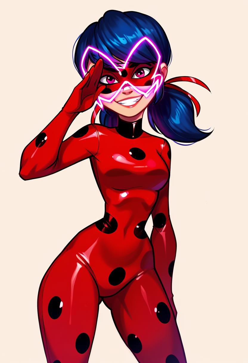 score_9,score_8_up, score_7_up, source_safe, rating_safe, 1girl, solo, marinette_dupain-cheng, miraculous_ladybug, akumatized, pink_eyes, shining_eyes, grin, evil_smile, salute, costume <lora:Akumatized_-_Miraculous_ladybug-000009:1.0>