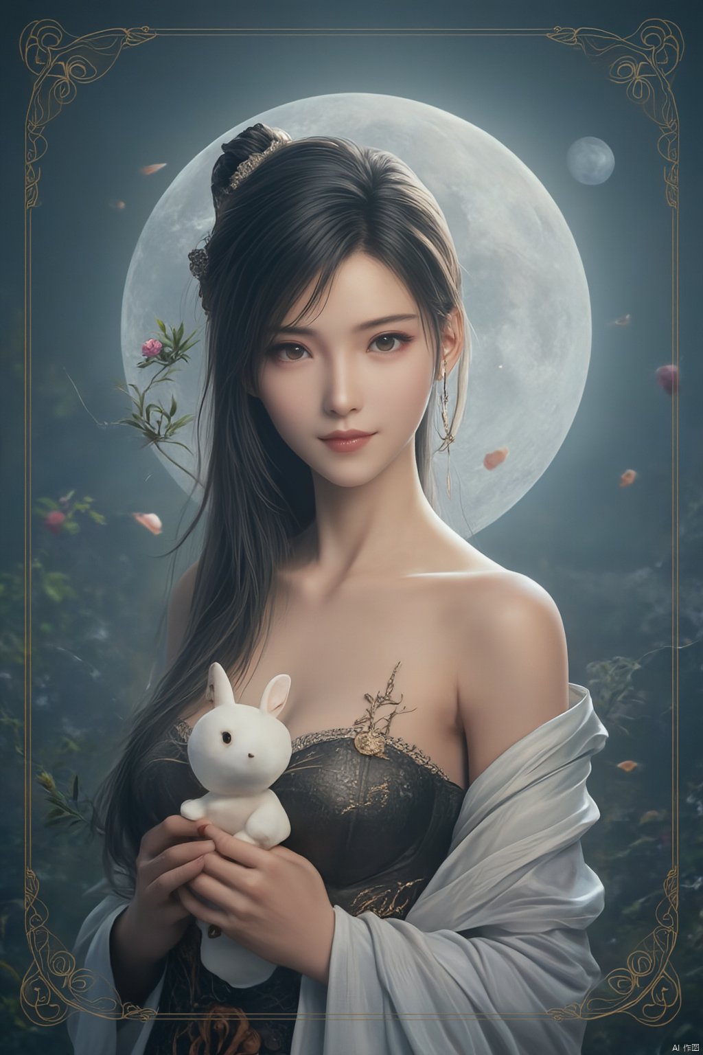 Best quality, Realistic, photorealistic, masterpiece,In the style of illustration, a mythical woman Chang 'e holds a white rabbit in her hands, with a full moon and an osmanthus tree behind her,Xyunxiao,(big breasts:1.99),Xxiaolongnv,Xyuanyao,Xtifa,XAerith