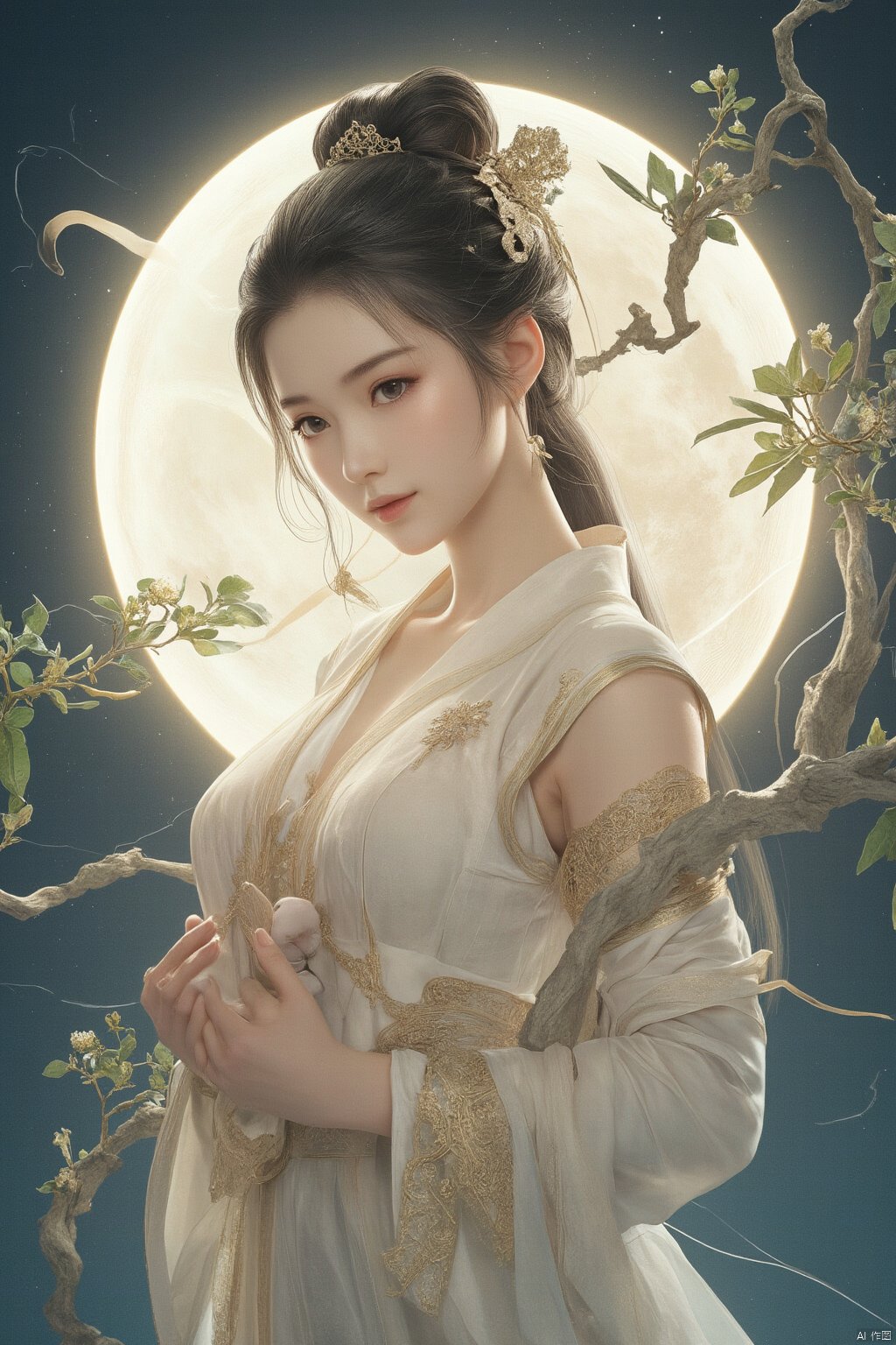 Best quality, Realistic, photorealistic, masterpiece,In the style of illustration, a mythical woman Chang 'e holds a white rabbit in her hands, with a full moon and an osmanthus tree behind her,Xyunxiao,(big breasts:1.99),Xxiaolongnv,Xyuanyao,Xtifa