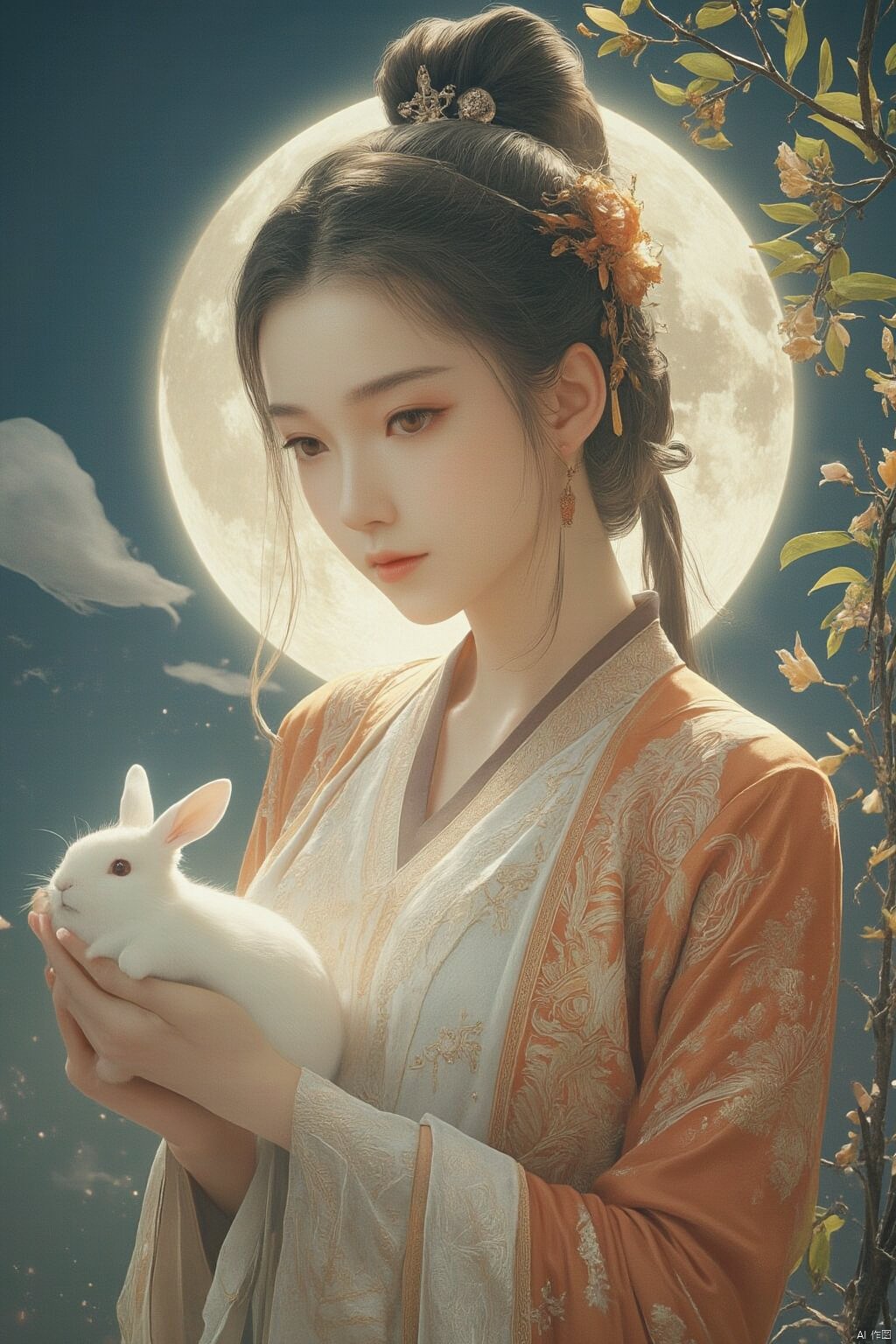 Best quality, Realistic, photorealistic, masterpiece,In the style of illustration, a mythical woman Chang 'e holds a white rabbit in her hands, with a full moon and an osmanthus tree behind her,Xyunxiao,(big breasts:1.99),Xxiaolongnv,Xyuanyao,Xtifa