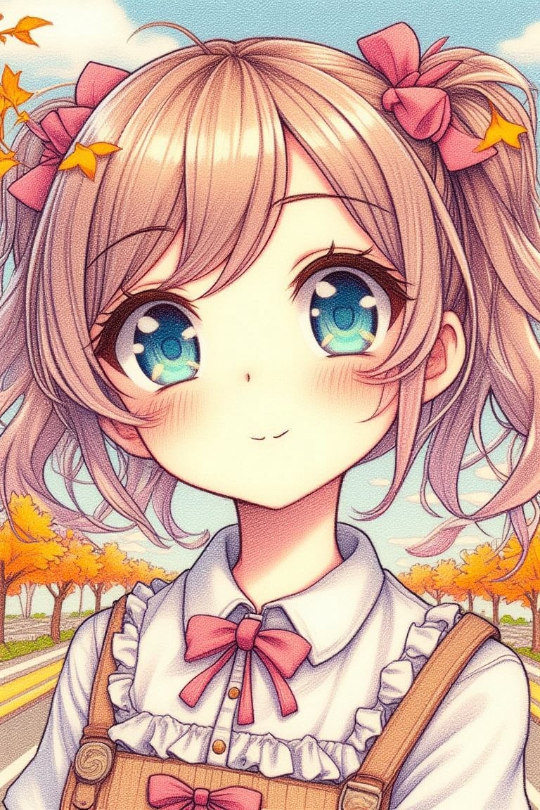 1 girl, solo, long hair, looking at viewer, blushing, bangs, blue eyes, ribbon, pigtails, outdoors, sky, daytime, tree, blue sky, parted bangs, row of ginkgo trees, ((Close-up of face from nose up: 1.4)), road,colored pencil drawing