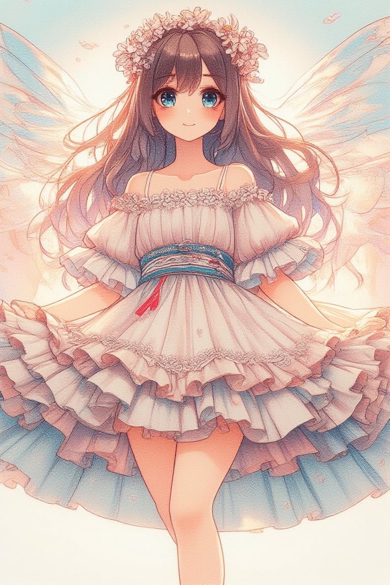 In this breathtaking 8K animated masterpiece, a serene anime-style girl with long black hair cascading down her back like a velvet waterfall gazes into the distance with piercing blue eyes and delicate light brown eyebrows. Her slender figure is draped in a flowing white dress adorned with intricate white flowers, cinched at the waist by a shimmering blue belt. A dainty flower crown rests atop her wavy locks as she stands poised, her ruffled white wings fluttering softly behind her in a whimsical dance. The warm lighting casts a soft glow on the scene, set against a subtle gradient of gentle blues and whites,colored pencils