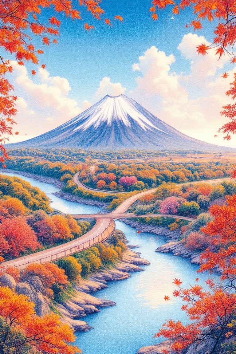 sOutdoor, sky, daytime, clouds, water, trees, blue sky, no people, autumn leaves, landscape, reflection, mountain, road, bridge, river, lake, Mt. Fuji, realistic, digital art, professional style, detailed image, masterpiece quality, attractive image, details,--3:4,--niji6,colored pencils