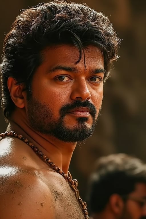 A cinematic shot of actor vijay's gritty visage, transported to a primitive Stone Age era. His rugged features are weathered from the harsh environment, with dirt and grime accentuating his prominent facial structures. A faint stubble adds to his rough-hewn charm, as he gazes out with a determined glint in his eye.