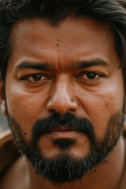 A cinematic close-up of actor vijay's gritty visage, transported to a primitive Stone Age era. His rugged features are weathered from the harsh environment, with dirt and grime accentuating his prominent facial structures. A faint stubble adds to his rough-hewn charm, as he gazes out with a determined glint in his eye.