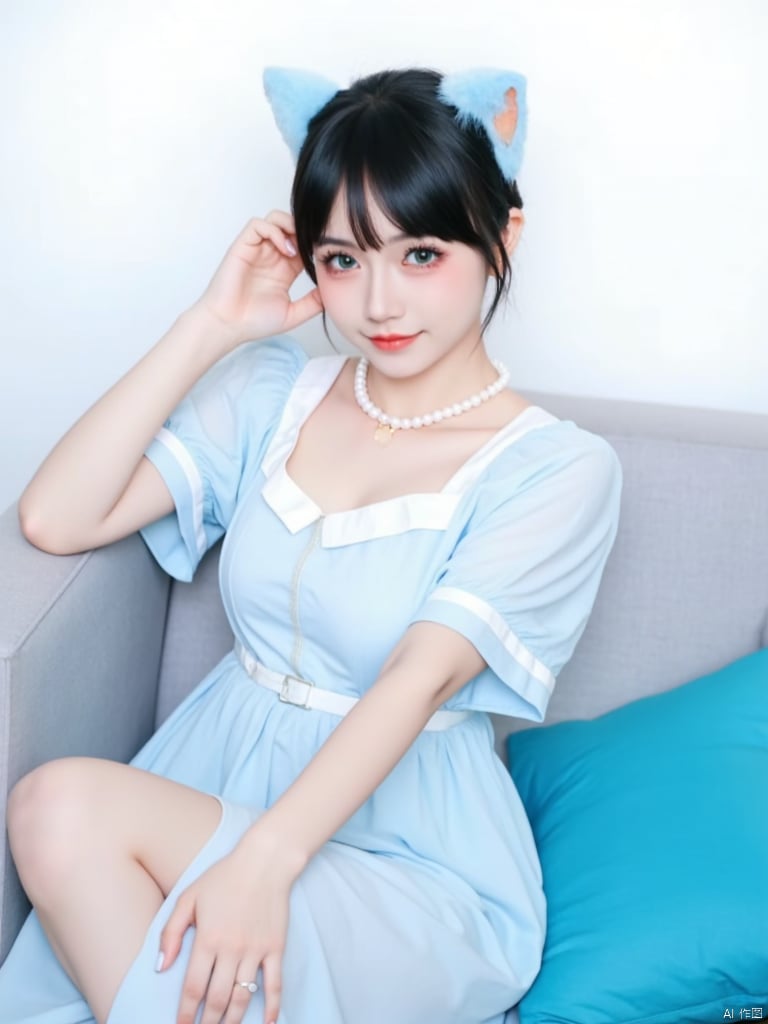 A girl with cute cat ears,A young Asian woman sits poised on a gray chair, her light blue dress with a white stripe accentuating her figure. Her right arm rests on the armrest, while her left hand grazes her hip, creating balance in the composition. A sleek bun holds back her hair as piercing blue eyes sparkle. A pearl necklace adorns her neck, and a ring shines on her finger. Against a crisp white backdrop, a blue pillow adds a pop of color to the right, framing her serene presence.