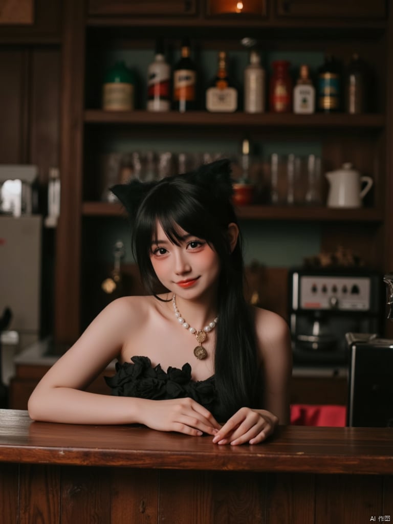  A girl with cute cat ears,A sultry evening atmosphere unfolds as a woman stands confidently in front of a rustic wooden bar counter, her strapless black dress adorned with flowers and pearl necklace adding a touch of sophistication. Her long black hair cascades down her shoulders, framing her face as she leans against the counter, arms draped across its worn surface. A toaster on the left side of the counter and coffee machine to the right add warmth to the scene, while the wooden shelf behind her is filled with an assortment of liquor bottles, glasses, and cups.