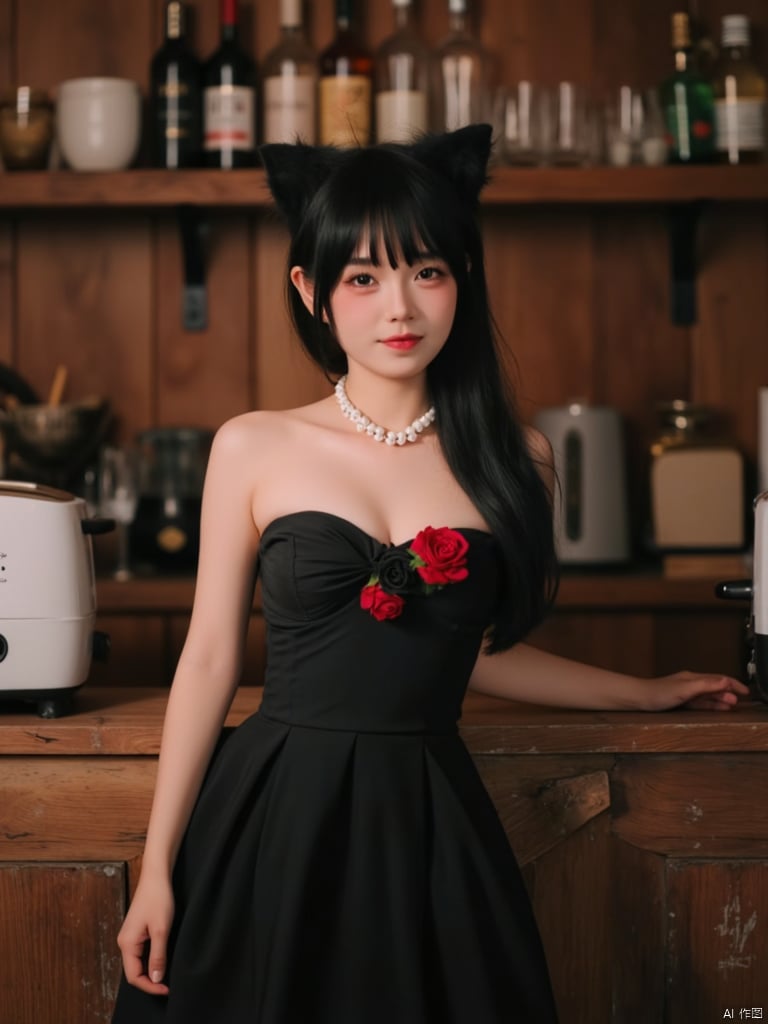  A girl with cute cat ears,A sultry evening atmosphere unfolds as a woman stands confidently in front of a rustic wooden bar counter, her strapless black dress adorned with flowers and pearl necklace adding a touch of sophistication. Her long black hair cascades down her shoulders, framing her face as she leans against the counter, arms draped across its worn surface. A toaster on the left side of the counter and coffee machine to the right add warmth to the scene, while the wooden shelf behind her is filled with an assortment of liquor bottles, glasses, and cups.