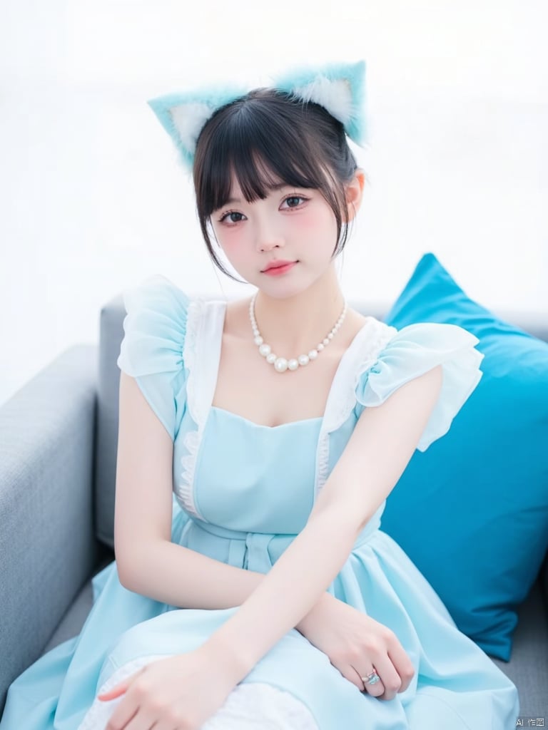 A girl with cute cat ears,A young Asian woman sits poised on a gray chair, her light blue dress with a white stripe accentuating her figure. Her right arm rests on the armrest, while her left hand grazes her hip, creating balance in the composition. A sleek bun holds back her hair as piercing blue eyes sparkle. A pearl necklace adorns her neck, and a ring shines on her finger. Against a crisp white backdrop, a blue pillow adds a pop of color to the right, framing her serene presence.